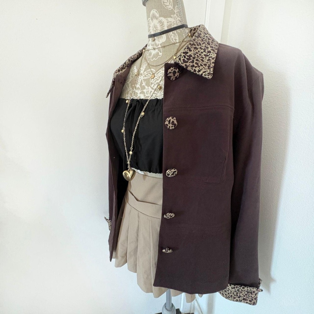 R&K Originals Womens Size 10 Brown Blazer Leopard Print Collar Cuffs